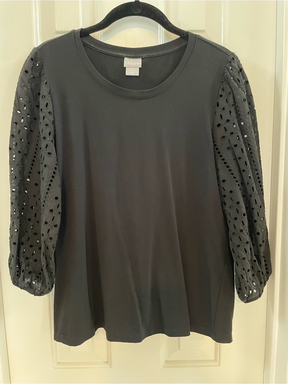 Chico's Black Knit Top with Eyelet Puff Sleeves